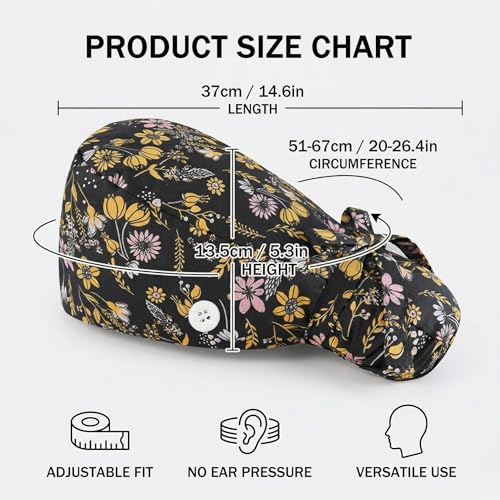 Nurse Caps, 1 Surgical Cap, Nurse Cap, Work Hood with Buttons and Straps - Adjustable and Reusable, Suitable for Long Hair