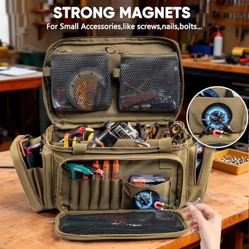 Tool Bag Organizer with Strong Magnets, Tactical Tool Tote for Electricians Khaki Medium