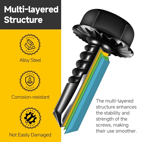 Mywish (300Pcs) 3/16" x 1/4" Blind Pop Rivets & 25Pcs #14 x 3/4" Serrated Flange Hex Washer Head Sheet Metal Screws, Aluminum Grip and Steel Mandrel Blind Rivets, Black Zinc Plated Self Tapping Screws