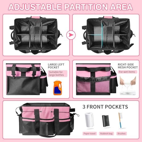 Cleaning Caddy Tote with Removable Dividers - 17.8x12.2x9.3in Waterproof Tool Organizer Bag with Handles & Adjustable Shoulder Strap for Housekeepers, Cleaners & Car Detailing Supplies (Pink) pink