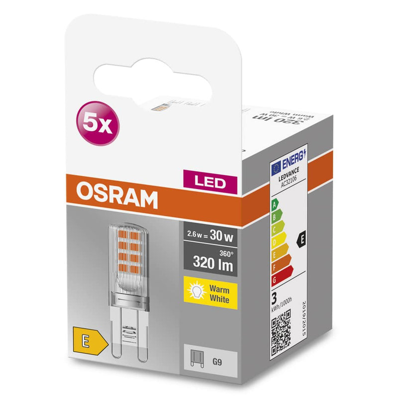 Osram Star PIN LED Light Bulb for G9 Base, Clear Glass, Warm White (2700K), 320 Lumens, Replacement for Conventional 30W Bulbs, Non-Dimmable, Pack of 5 5 pack