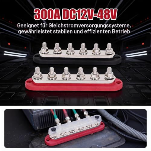 Busbar Distribution Block 12-48 V, M8 300 A DC Bus Bar with Cover, Power Distribution Battery Busbars for Solar Car Boat Pack of 2