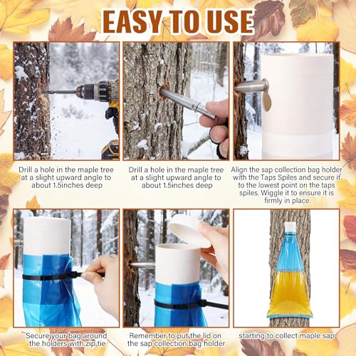 6 Set Maple Syrup Tapping Kit PVC Maple Sap Sack Holder, 3 Gallon Collection Bags, 5/16" Drill, Zip Ties, and Tree Sap Taps Complete Kit Big Capacity for Collection and Harvest 6