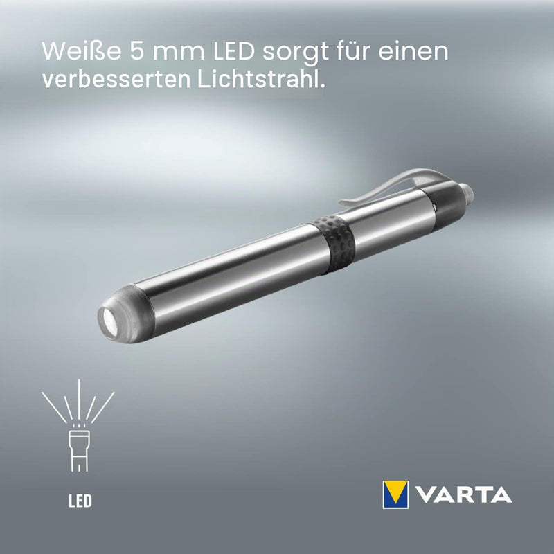 Varta LED Diagnostic Light with 1 x AAA Battery, Pen Light, Pupil Light, Extremely Slim and Lightweight Pen Torch, for Use in Hospital, Old People's Home, Doctor's Practice, Silver 5 mm LED pen light + 1 x AAA high energy (pack of 2)