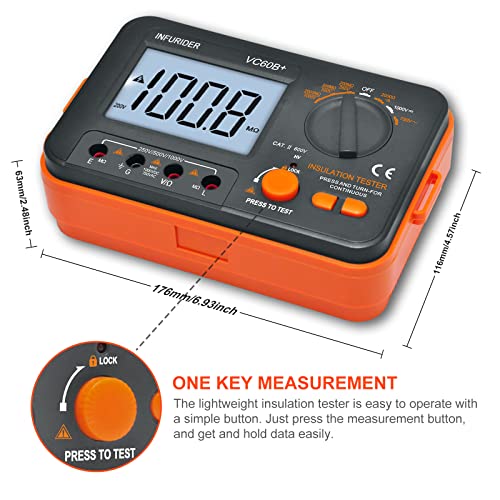 Digital Insulation Resistance Tester, Megohmmeter Ohm Meter YF-VC60B+, Voltage Tester 250/500/1000V, Megohm Meter with Backlight LCD Display, Data Hold YF-T6-VC60B