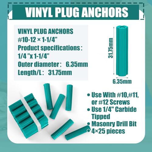 Lineshading 200 Pcs Anchors,1/4 X 1-1/4" for #10 or 3/16" Screws,Green 1/4 x 1-1/4" for #10 or 3/16" Screws Green