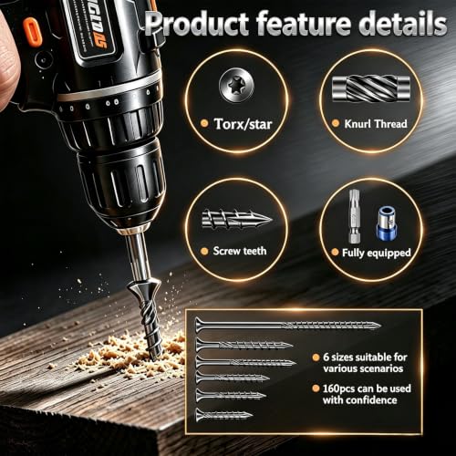 160PCS Wood Screws Set,Manganese Steel Torx Head Self Tapping Wood Screws Assortment Kit with T20/T25/T30 Star Bits & Magnetic Screw Ring,6 Sizes 1-1/2" to 6" for Woodworking,Furniture Repair