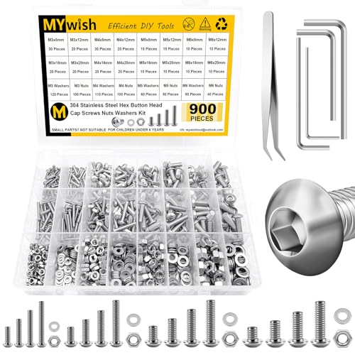 Mywish 900Pcs Metric Screw Assortment Kit, M3 M4 M5 M6 Bolts Nuts & Flat Washers, 1Pack 304 Stainless Steel & 1Pack 10.9 Alloy Steel, Button Head Socket Cap Screws Bolts Flat Washers/Nuts/Hex Spanner