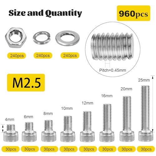 288PCS Metric M6 M8 M10 Flange Head Bolts Assortment Kit & 960Pcs M2.5 Hex Socket Head Bolts Assortment Kit with Nuts, Washers