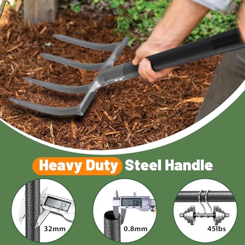 Lilyvane Garden Fork, 4-Tine Gardening Pitchfork with 35” Metal Handle, 46” Long Heavy Duty Digging Manure Forks for Farm Garden Mulch Spreading, Loosening,Potato Digging Composting Transplanting