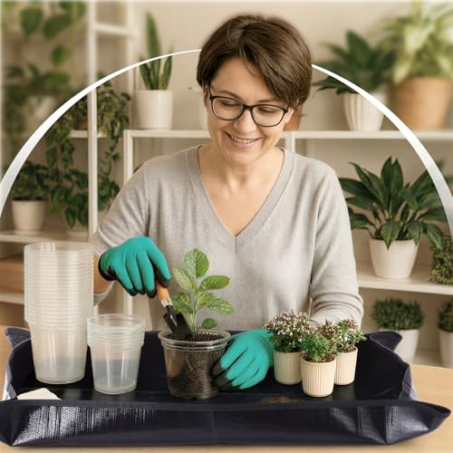 83 Pcs Garden Supplies Tools Kit, 5/6/7 Inch Clear Plastic Plant Pots with Transplanting Mat, Trowel Cultivator Rake Set, Label & Glove, Succulent Tools Gift for Plant Lovers Accessory