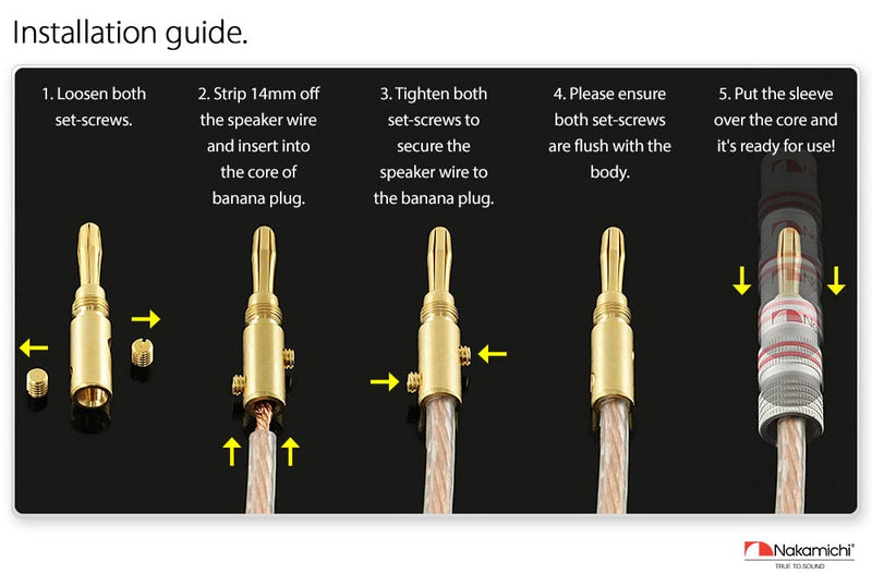 Nakamichi Excel Series 24k Gold Plated Banana Plug 12 AWG - 18 AWG Gauge Size 4mm for Speakers Amplifier Hi-Fi AV Receiver Stereo Home Theatre Audio Wire Cable Screw Connector 10 Pcs (5-Pairs) 10 Pcs (5-Pairs)