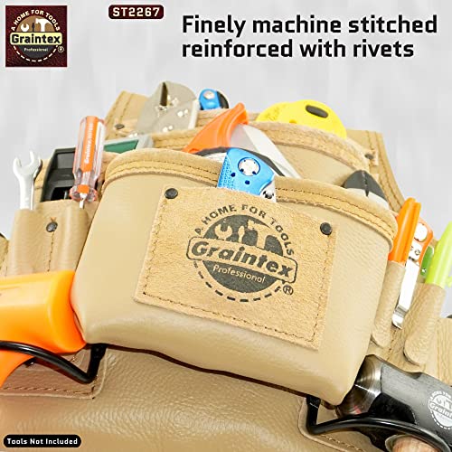 Graintex ST2267 10 Pocket Nail & Tool Pouch Rugged Beige Color Top Grain Leather for Framers, Constructors, Electricians, Plumbers, Hnadyman