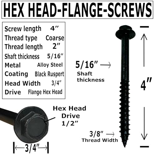 (25) 3/8” X 4” Black Hex Head Lag Wood Screws, Heavy Duty lag Bolts for Timber, Tree Houses, Fences by BRAUNY BOY HARDWARE -Qty 25