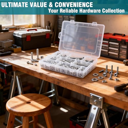 260 Pcs SAE Bolts and Nuts Assortment Kit, 1/4-20, 5/16-18, 3/8-16 Hex Machine Screws with Nuts & Washers, 304 Stainless Steel, Rust-Resistant for Indoor & Outdoor Use with Storage Case