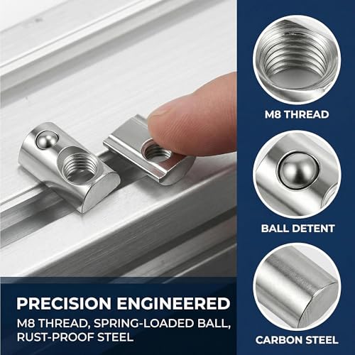 100 Pack M8 T Nuts for 4040 Series Aluminum Extrusion, Roll in Spring Loaded T Slot Nut, Carbon Steel Nickel Plated Hardware for 3D Printer, CNC Router & Industrial Frame 4040 Series M8
