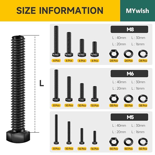 Mywish 448PCS M5 M6 M8 Screw Set & 159Pcs M6 Screw Metric Screw Assortment, Metric Bolt Assortment, Nuts and Bolts Set Flat & Spring Washers, Hex Head Cap Screws Bolts and Nuts Kit, Fully Thread & Bla