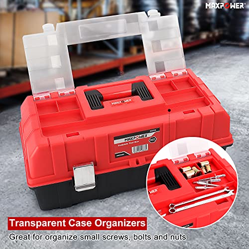 MAXPOWER 16-Inch Tool Box, Three-Layer Folding Plastic Storage Toolbox, Multi-Function Organizer with Tray and Dividers, Tools Box with Stainless Steel Lock