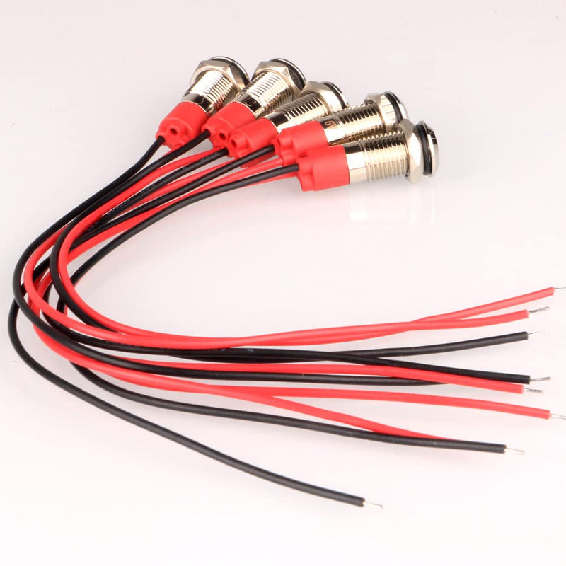 Gebildet Pack of 5 8mm 3V-4.5V-5V-6V-7.5V-9V LED Metal Indicator Light Waterproof Signal Lamp Pilot Dash with Wire (Red/Orange/Blue/Green/White) Red/Orange/Blue/Green/White (8mm)