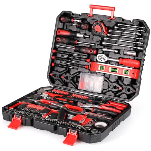 TLGREEN Power Tool Organizer Wallt+198 Piece Tool Box, Tool Kit, Mechanics Tool Set, Portable Toolbox with Adjustable Wrench Pliers Socket Bits, with Plastic Toolbox, for House Apartment Garage (Red)