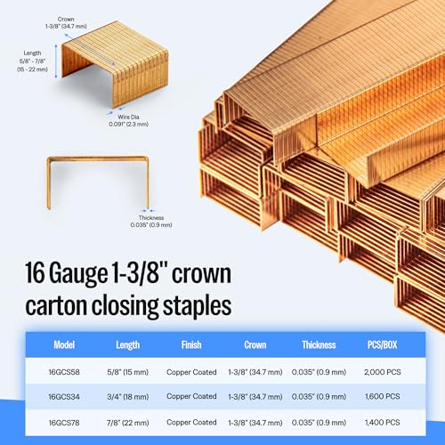 meite Carton Closing Staples 16 Gauge 1-3/8" Wide Crown 3/4" & 5/8" & 7/8" Leg Copper-Coated Carton Staples for Pneumatic or Manual Box Stapler Gun - Cardboard Closer Packaging