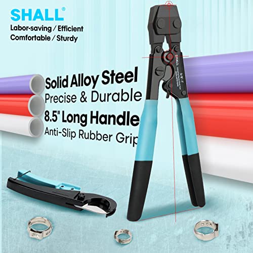 SHALL Pex Crimping Clamp Cinch Tool and Pipe Hose Cutter, Pipe Fitting Crimper Tool Kit Meets ASTM F2098 for 3/8" to 1" Stainless Steel Clamps Including 20pcs 1/2", 10pcs 3/4" Clamps With Storage Bag Pex Crimping Tool
