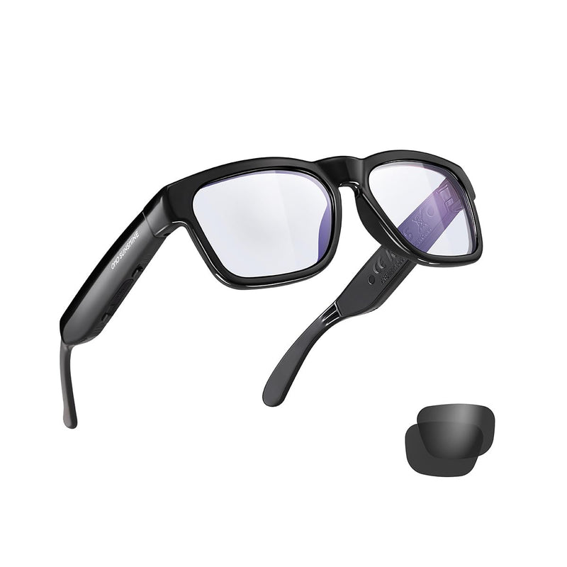 OhO Bluetooth Glasses,Voice Control and Open Ear Style Smart Glasses to Listen Music and Calls,UV400 Protection Lens Shine black - Blue Light Blocking Lens