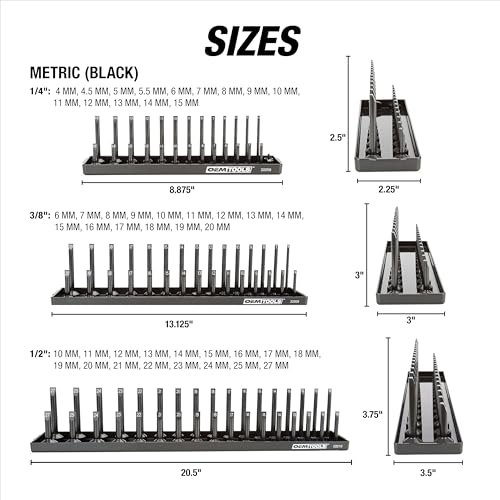 OEMTOOLS 22233 6-Pc SAE & Metric Socket Tray Set for Sizes 1/4", 3/8”, 1/2" Black/Green