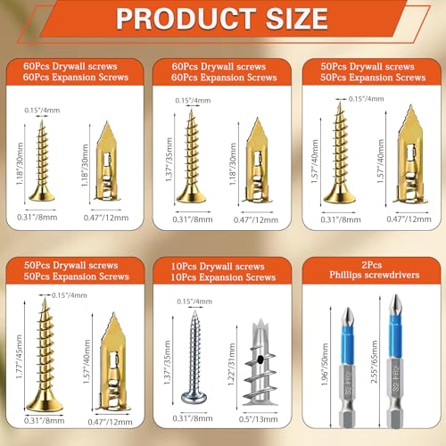 460PCS Self Drilling Drywall Anchors with Screws Kit,5-Sizes Metal Expansion Bolt for Dry Wall,230 PCS Sheetrock Anchors and 230 PCS Screws-No Drill Needed 450
