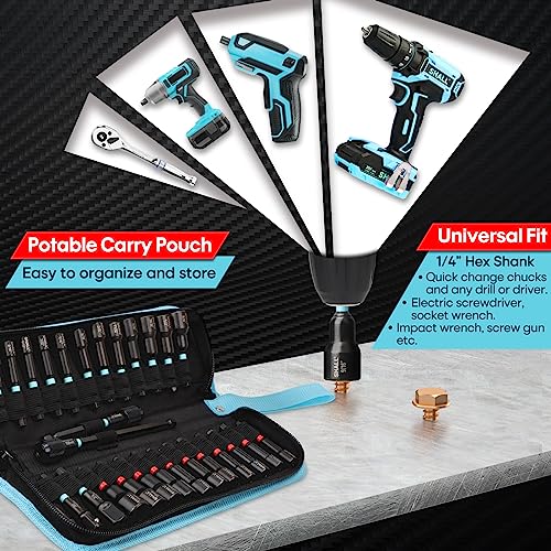 SHALL 29PCS Magnetic Nut Driver Set, Impact Drill Driver Bit 1/4" Hex Shank, SAE & Metric Cr-V Steel Power Nut Drivers with Quick-release Extensions, Impact Socket Adapters, Bit Holder and Storage Bag Variety Pack