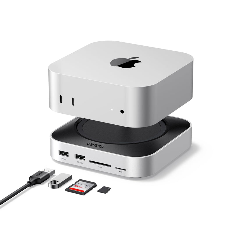 UGREEN Dock & Stand for Mac mini M4/ M4 Pro with NVMe SSD Enclosure, 3 USB A 10Gbps, USB C Data Port, SD Card Reader, Silver