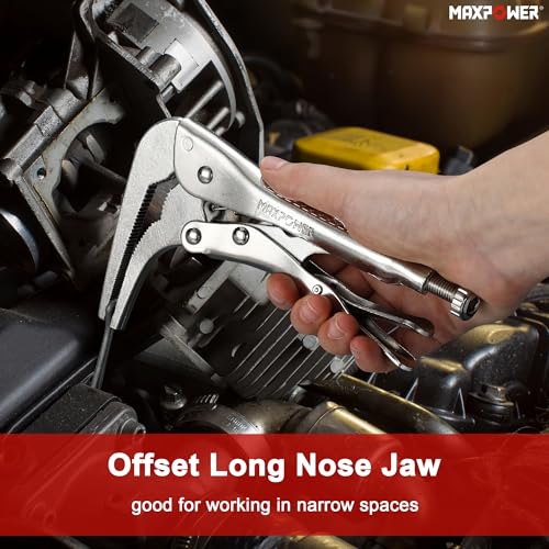 MAXPOWER 2PCS 90 degree Offset Long Nose Locking Pliers 7 inch and 10 inch 7" 10"