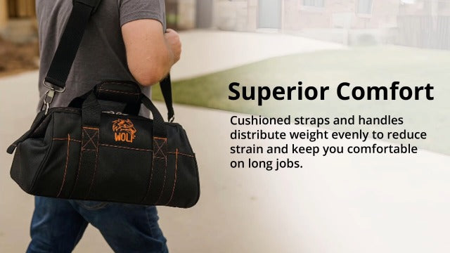 WOLF 16" Wide Mouth Tool Bag with Molded Base | Heavy-Duty 1680D Nylon | Electrician & Contractor Organizer