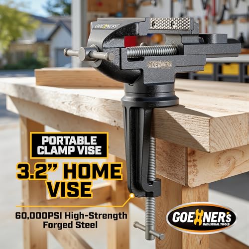 Table Vise or Bench Vise 3.2 Inch, 360° Swivel Clamp-On Vise Portable Home Vice with Large Anvil for Woodworking, Cutting Conduit, Drilling, Metalworking 3.2‘’