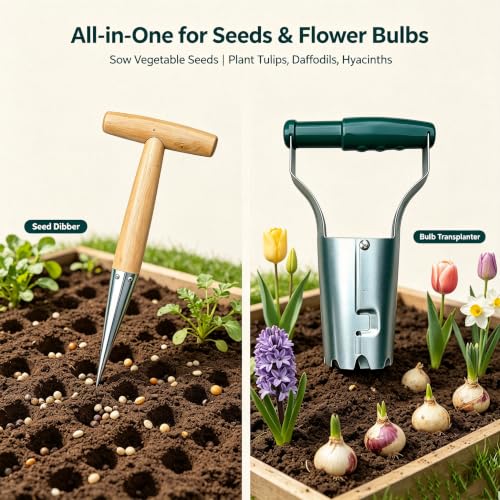 6PCS Bulb Planter and Dibber Tool Set, Transplanter with Depth Markers and Automatic Soil Release, Wood Handle Seed Planter Dibber for Planting Flowers, Tulips, Daffodils, Vegetables