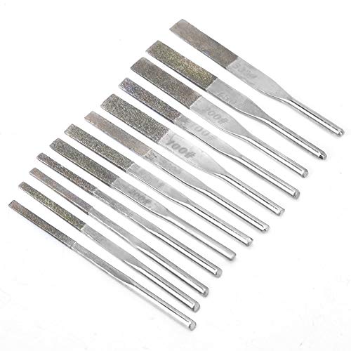12pcs 3mm Shank Taper Machine Files for Reciprocating Grinding, Repairing, Stone Carving and Engraving with Emery Blade, Alloy Shank and 100#,150#,200#,300# Grit
