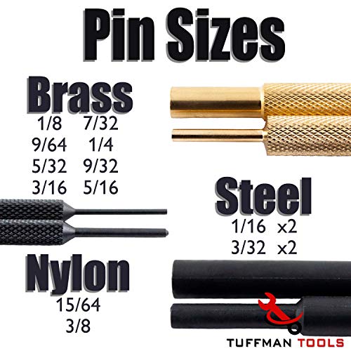 Tuffman Tools, Brass Punch Set with Hammer – Brass/Polymer Hammer, Steel, Plastic Punches & Storage Case - 15pc Roll Pin Punch Set - Perfect Gunsmith Punch Set for Gunsmithing