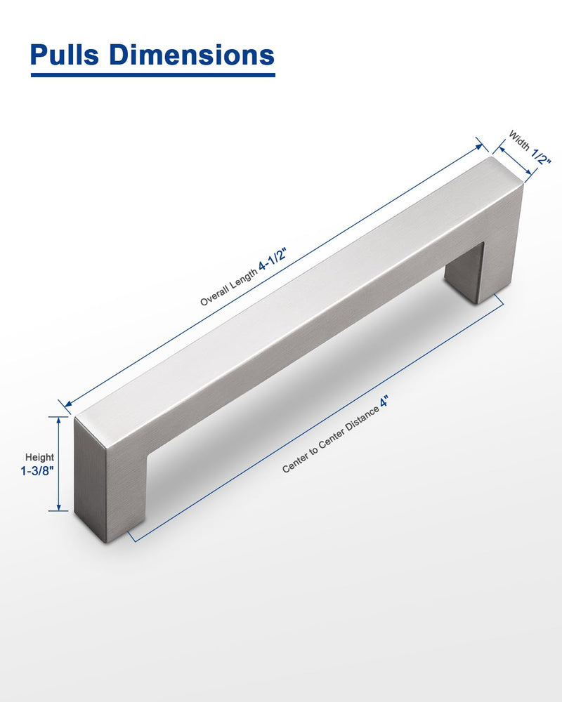 Probrico 4 Inch Satin Nickel Cabinet Pulls Stainless Steel, 10 Pack Door Cabinet Handles,Drawer Dresser Pull Knobs Kitchen Furniture Hardware for Cupboard Wardrobe,Total Lenght:4-1/2 Inch (114mm) hole center 4" Brushed Nickel