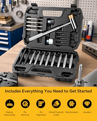 25-Piece Punch Set, Pin Punches, Roll Pin Punch, Tool with Hammer, Metal Material Including Punches and Hammer, Mechanical Repair Tool with Organizer Storage Box (with Bench Block)