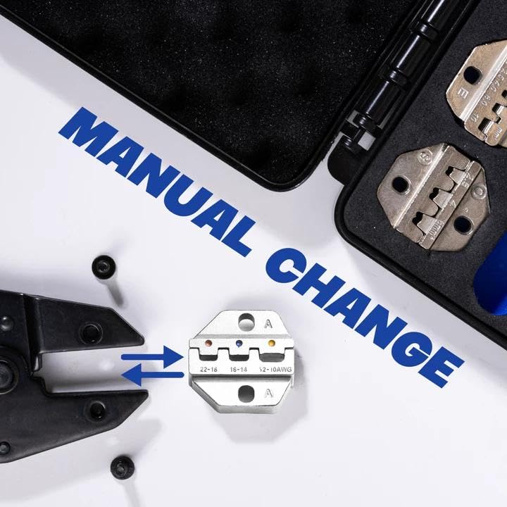 Crimping Tool Set, Ratchet Wire Crimper Tool For Heat Shrink, Insulated Nylon,Non-Insulated,Ferrule Wire End, Open Barrel Terminals, Solar Connectors - Crimper with 6 Interchangeable Die