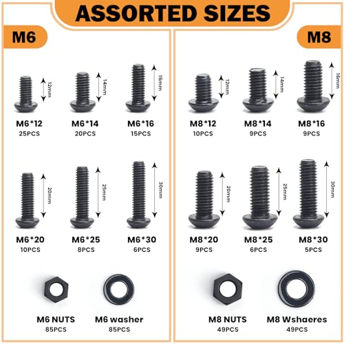 400PCS M6 M8 Button Head Screws Kit, GTERNITY M6-1.0 M8-1.25 Assorted Machine Screws Nuts Washers Alloy Steel Black Oxide Metric Internal Hex Screws Bolts Nuts Washers Set M6 m8 400 B