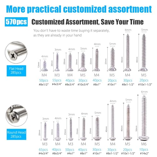 570Pcs Self Tapping Screws Assortment Set, M3/M4/M5/M6 304 Stainless Steel Sheet Metal Screws Kit, Phillips Drive Wood Screw Assortment 570pcs