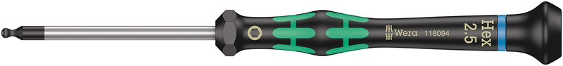 Wera 2052/6 Kraftform Micro Ballhead Hexagon Electronics Screwdriver Set and Rack, 6-Piece Ball-End: 1.5x60mm, 2x60mm, 2.5x60mm, 3x60mm, 0.9x40mm, 1.3x90mm