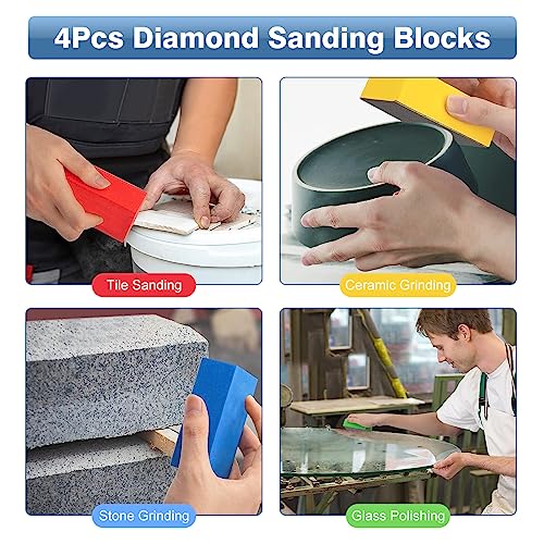Pack of 4 Glass Grinders, Diamond Hand Sanding Pad, Tile Sanding Blocks, Polishing Pads, Diamond Sanding Pad for Stone Ceramic Tiles, Glass Grinding, Trimming, 60#, 100#, 200#, 400#