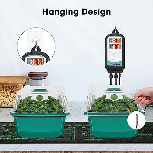 VIVOSUN 1500W Digital Temperature Controller and 12-Pack Seed Starter Trays, 144-Cell Seed Starter Kit with Humidity Dome, Flat Reusable Plant Germination Trays with Drain Hole, Green Propaga