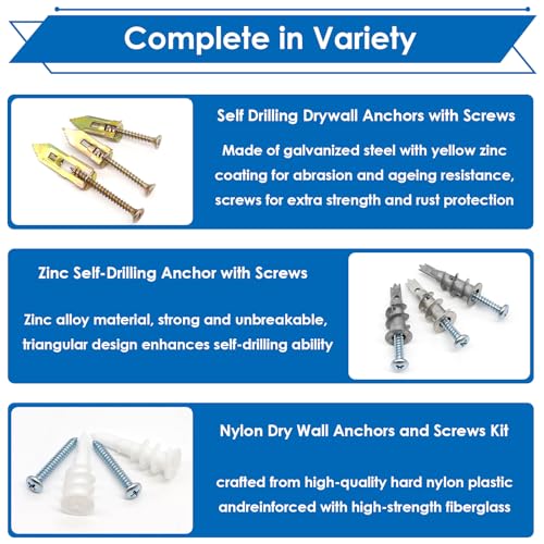 smseace 480 Pcs Wall Anchors for Drywall 4-Sizes Zinc Plated Steel and Plastic Sheetrock Anchors and 5-Sizes Self Drilling Anchor Screws Used for Hanging Picture Frames, Curtains, Plants, Clocks Gold-480Pcs-4 Sizes