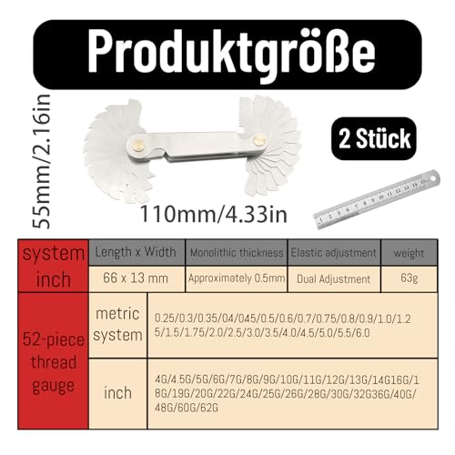 52 Sheets Thread Gauge, Metric Inches, Thread Gauge, Feeler Gauge and Radius Gauge, Precision Measuring Tool for Mechanics and Engineers, Metric Thread, Robust Iron Material