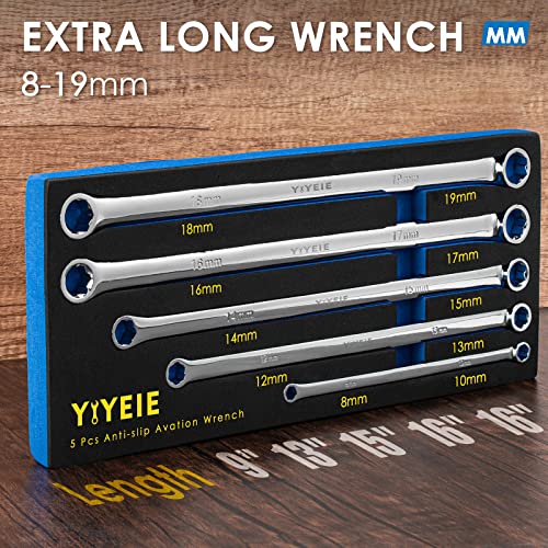 YIYEIE 5-Piece Extra Long Box End Wrench Set, Metric 8mm-19mm, 6 Point Extended Bolt Extractor Wrench, CR-V Labor-Saving Aviation Spanner with EVA Foam 5PCS