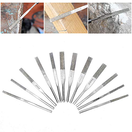 12pcs 3mm Shank Taper Machine Files for Reciprocating Grinding, Repairing, Stone Carving and Engraving with Emery Blade, Alloy Shank and 100#,150#,200#,300# Grit