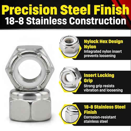 Chenango Supply 1/2-13 Stainless Steel Nylon Insert Lock Nuts – 304 Stainless, USS Coarse Thread, 100,000–125,000 PSI Tensile Strength, Corrosion-Resistant Nylock Nuts, 50 Pieces (1/2-13 Nylock)